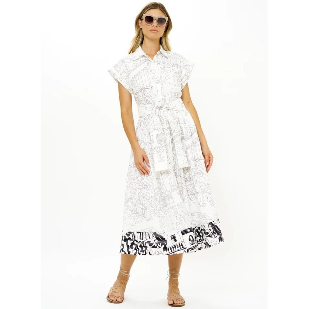 Oliphant Roma Belted Shirt Dress White Cotton Poplin Architectural Print Midi S